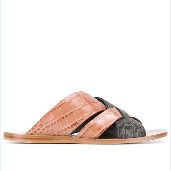 Brunello Cucinelli Croc Effect Slide Sandals NWB - Picture 1 of 9